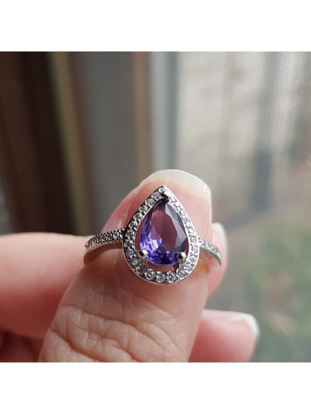 Swarovski Elements 925 Sterling Silver Amethyst Purple Teardrop Ring NEW